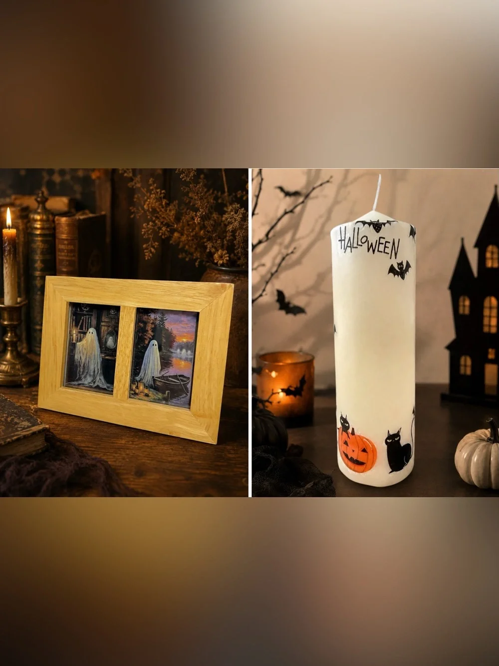 Dark Academia Halloween Set Ghost Framed Art & Candle Autumn Decor